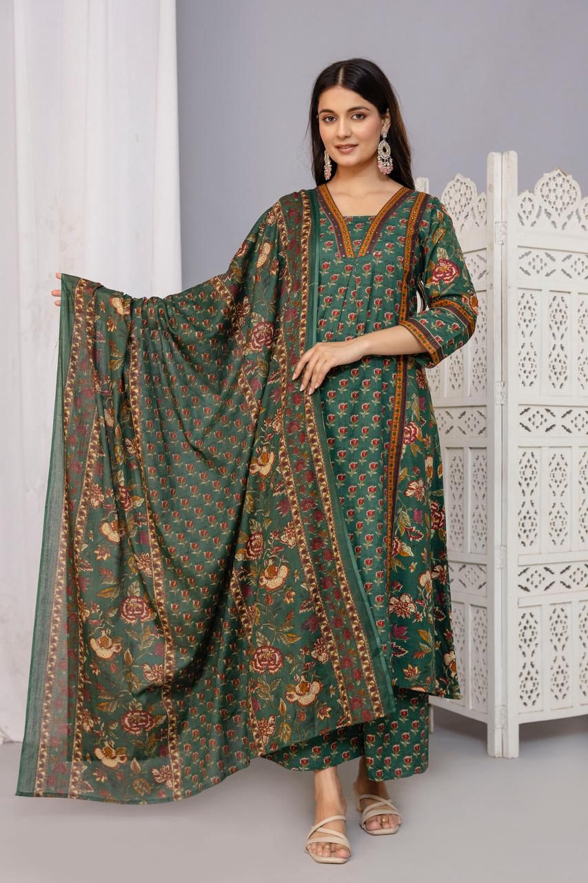 Emerald Green Floral Printed Cotton Kurta Set
