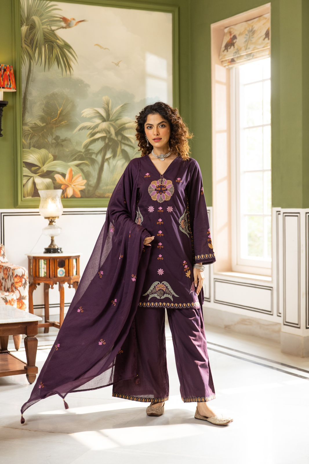 "Plum Embroidered Cotton Silk Co-ord Set