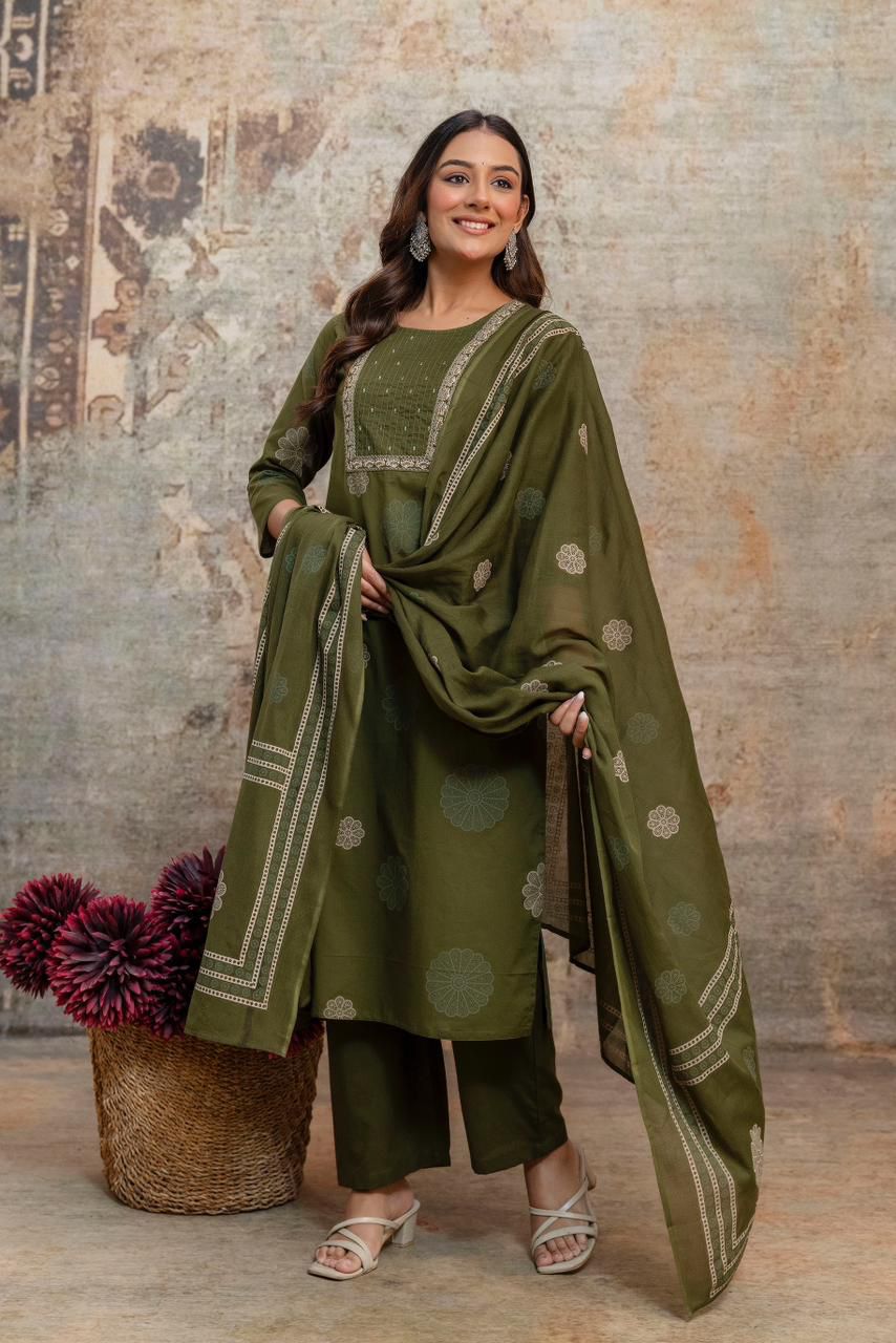 "Olive Green Block Print/Embroidered Kurta Se