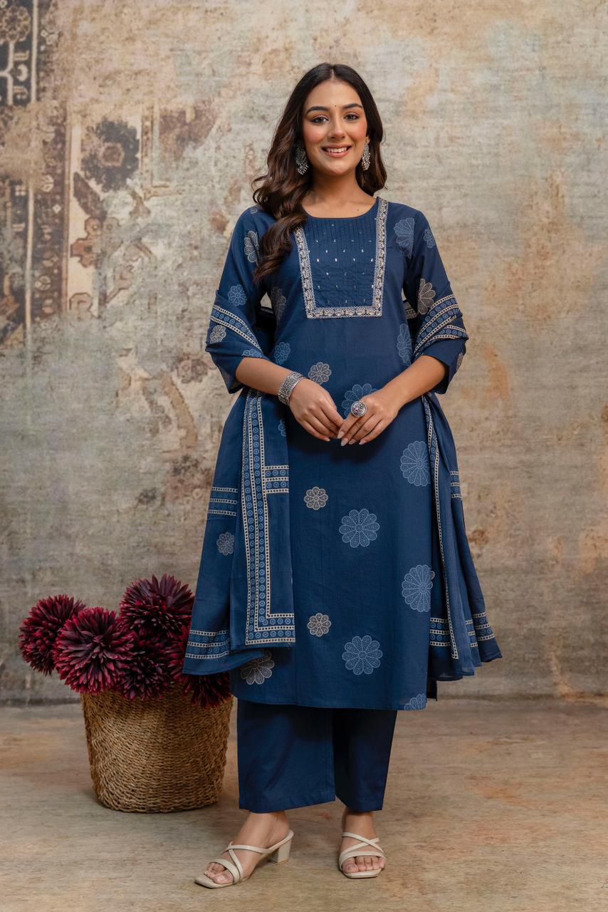 Indigo Blue Tonal Floral Print Kurta Set