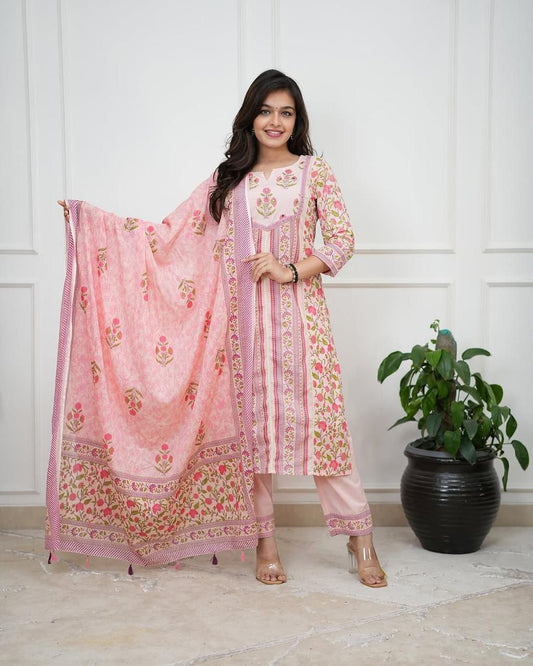 Rani Pink Foil Print Kurta Set with Embroidered Yoke