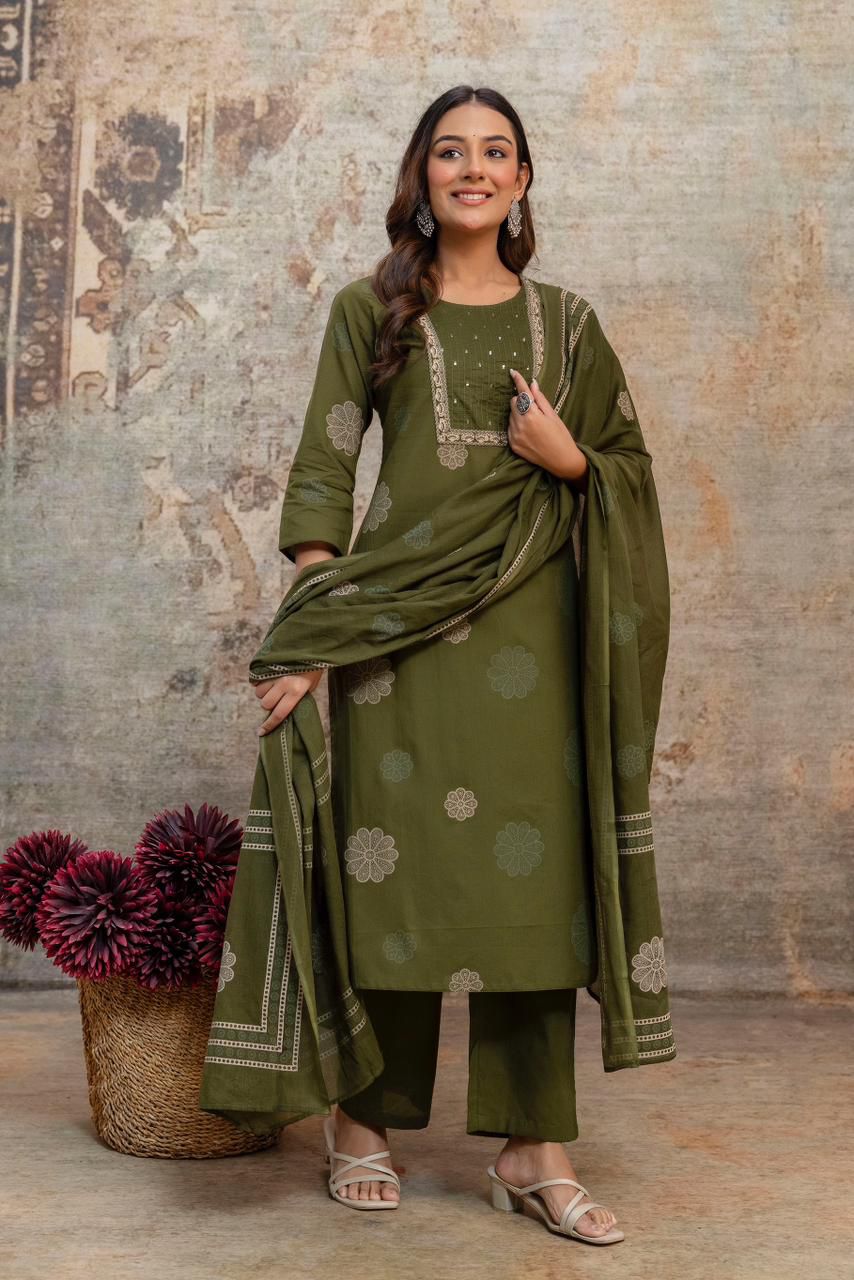 Olive Green Embellished Kurta Set